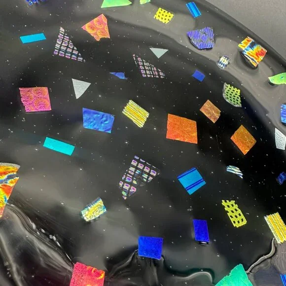 Fused Glass Plate Abstract Mosaic Black Rainbow Handmade Art Decor Dichroic Tray - Picture 5 of 7